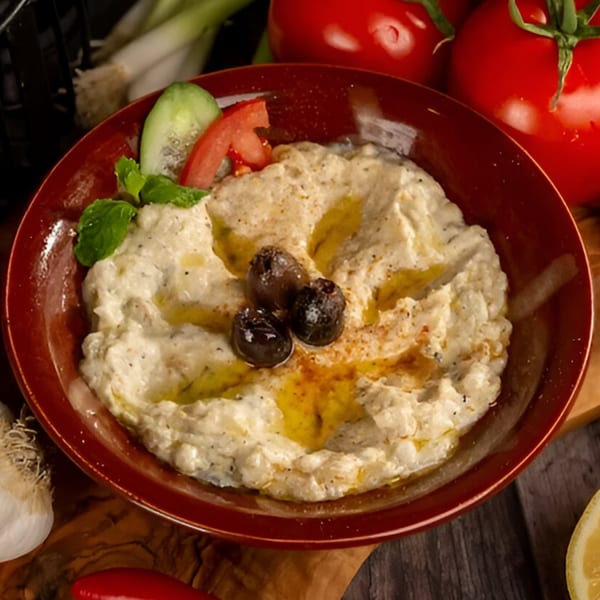 Creamy baba ghanoush topped with olives, olive oil, mint, cucumber, and tomato in a red bowl.