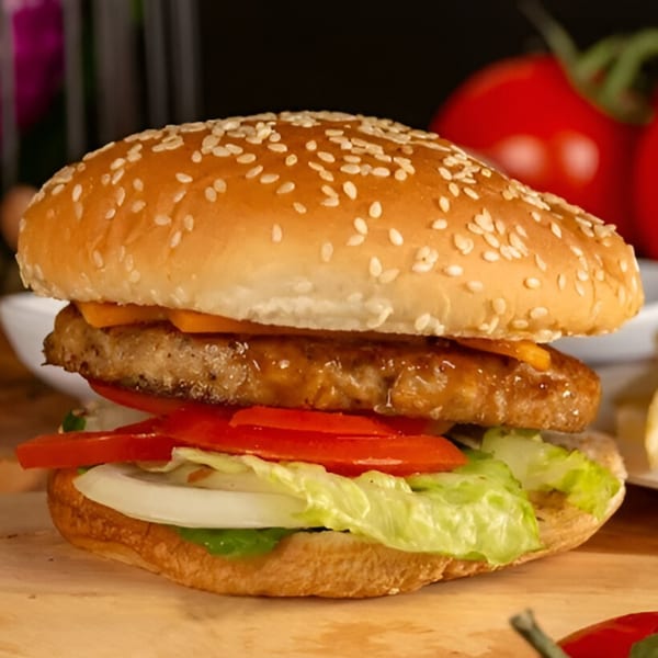 A Tarbosh Mediterranean Restaurant burger with a sesame seed bun, cheese, patty, tomato, onion, and lettuce.