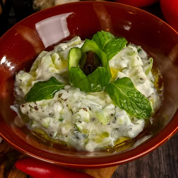 A red bowl of creamy Tarbosh Mediterranean tzatziki with cucumber, mint, and an olive garnish.